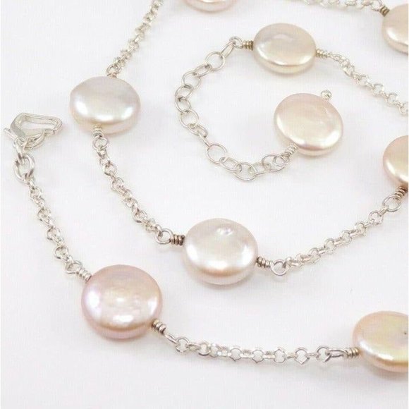 Sterling Silver Round Disc Pearl Station Link Necklace 19.5 - Picture 2 of 5